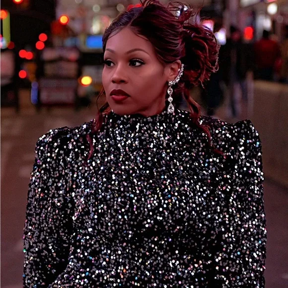 Silver Sequin Long Sleeve Gown with Mock Neck - Picture 7 of 11